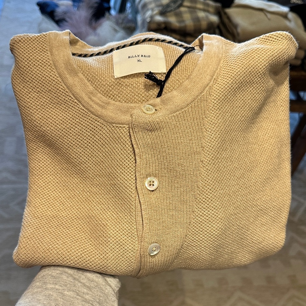 Billy Reid Beige Button-Front Knit henley sweater